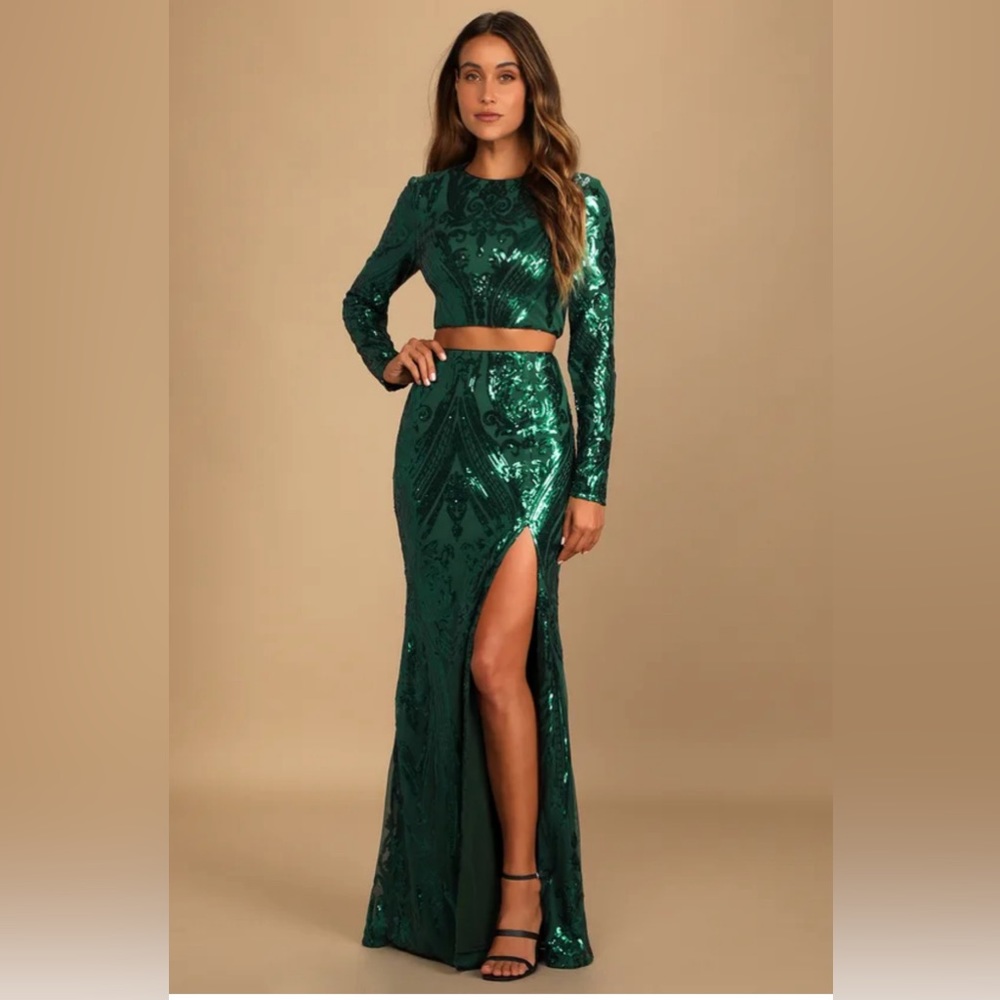 Lulus Green Sequin Two Piece Maxi Dress - XS